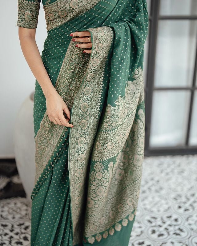 Green Pure Banarasi Silk Weaved With Copper Zari Comes With Heavy Banarasi Brocade Blouse - Almaari Fashion