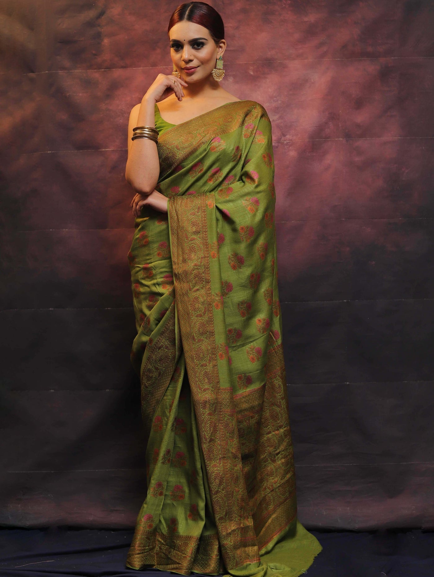 Green Pure Banarasi Silk Weaved With Copper Zari Comes With Heavy Banarasi Brocade Blouse - Almaari Fashion