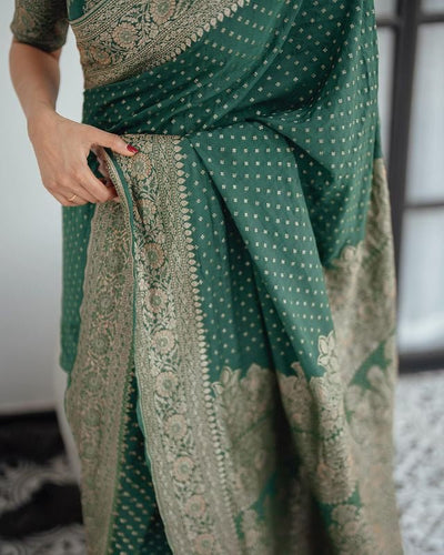 Green Pure Banarasi Silk Weaved With Copper Zari Comes With Heavy Banarasi Brocade Blouse - Almaari Fashion