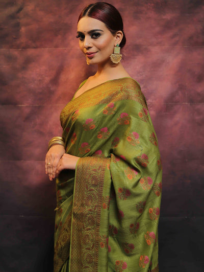 Green Pure Banarasi Silk Weaved With Copper Zari Comes With Heavy Banarasi Brocade Blouse - Almaari Fashion