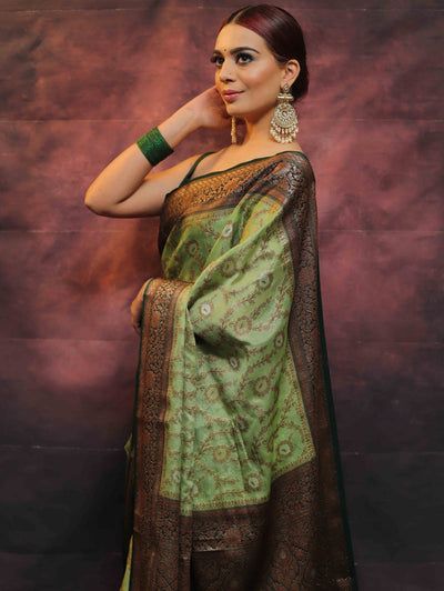 Green Pure Banarasi Silk Weaved With Copper Zari Comes With Heavy Banarasi Brocade Blouse - Almaari Fashion