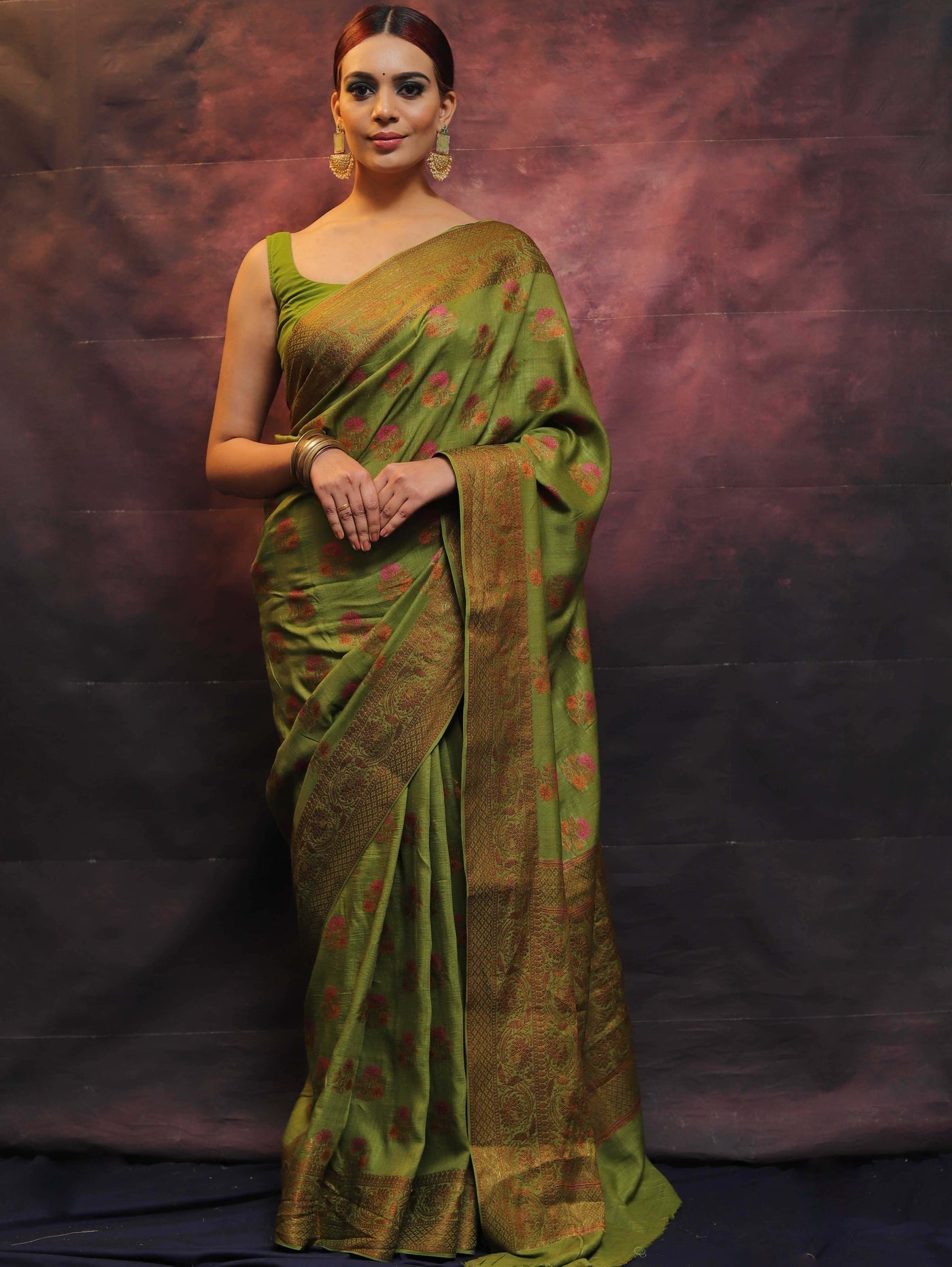 Green Pure Banarasi Silk Weaved With Copper Zari Comes With Heavy Banarasi Brocade Blouse - Almaari Fashion