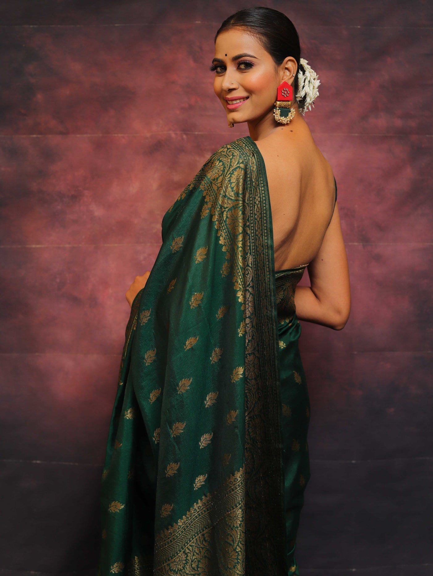 Green Pure Banarasi Silk Weaved With Copper Zari Comes With Heavy Banarasi Brocade Blouse - Almaari Fashion