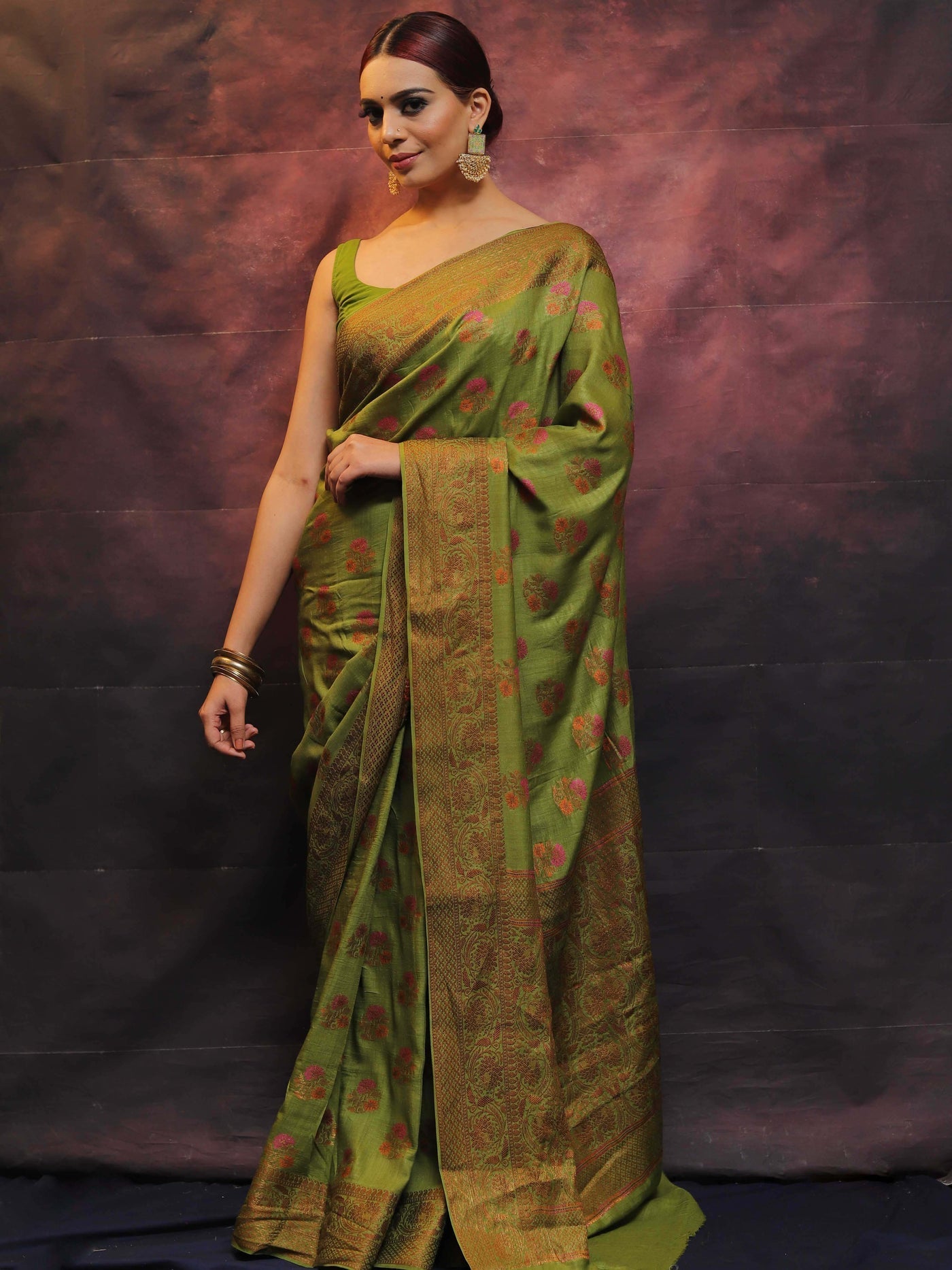 Green Pure Banarasi Silk Weaved With Copper Zari Comes With Heavy Banarasi Brocade Blouse - Almaari Fashion