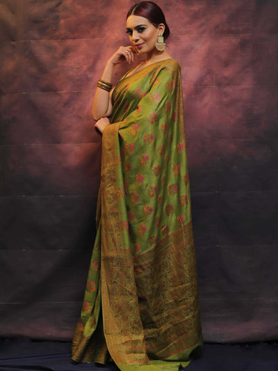 Green Pure Banarasi Silk Weaved With Copper Zari Comes With Heavy Banarasi Brocade Blouse - Almaari Fashion