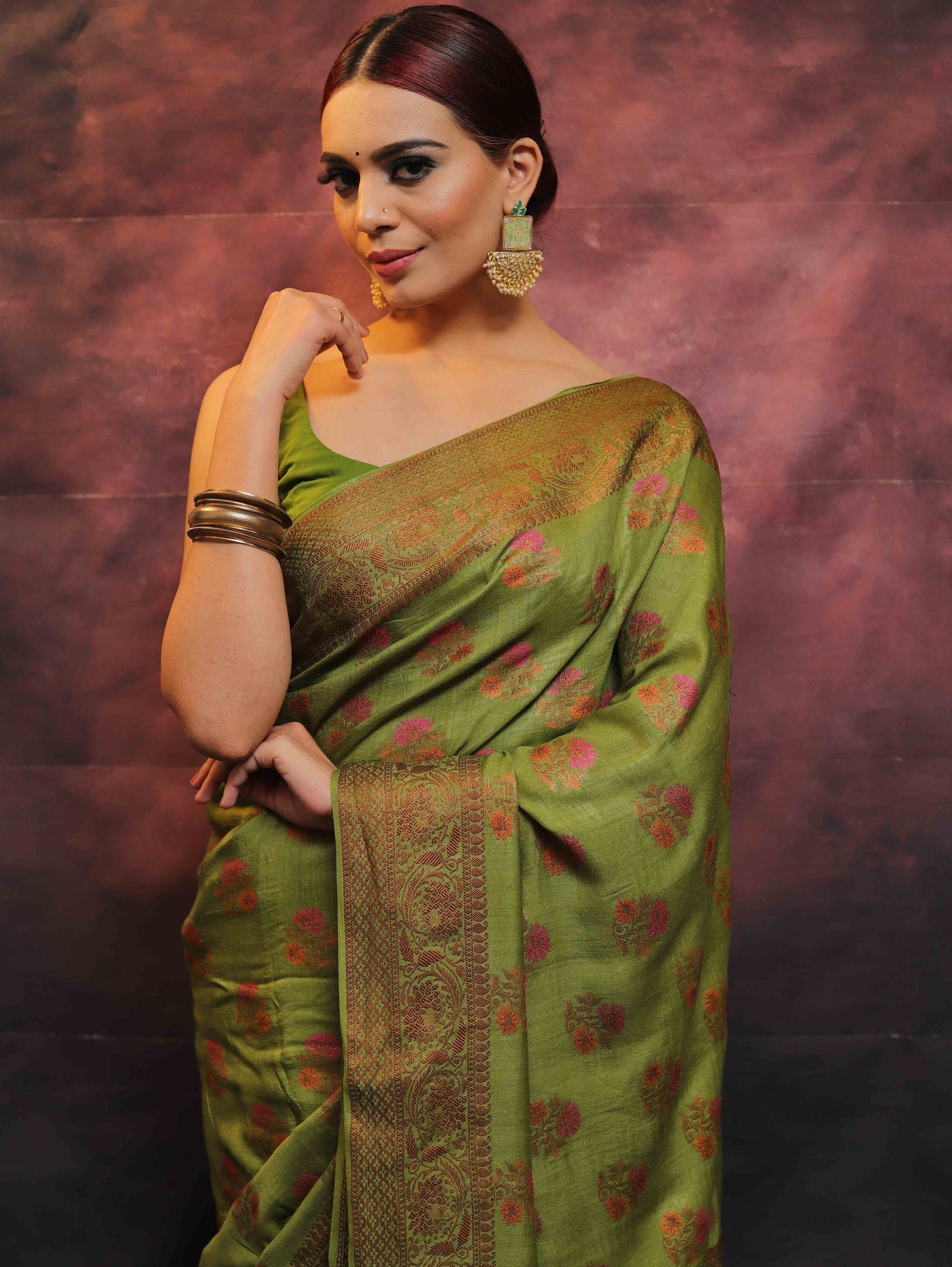 Green Pure Banarasi Silk Weaved With Copper Zari Comes With Heavy Banarasi Brocade Blouse - Almaari Fashion