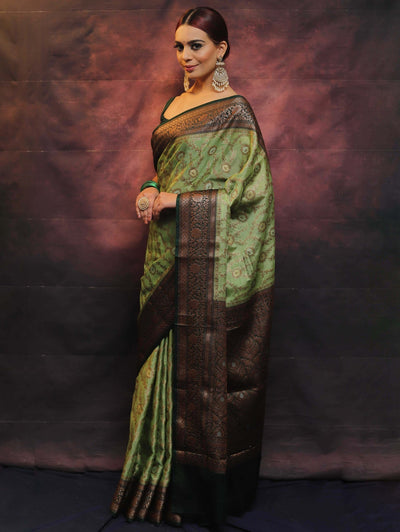 Green Pure Banarasi Silk Weaved With Copper Zari Comes With Heavy Banarasi Brocade Blouse - Almaari Fashion