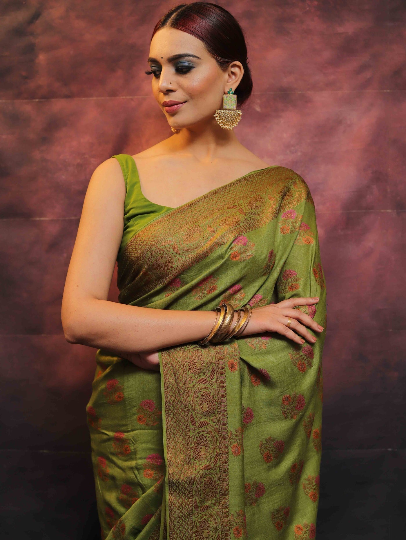 Green Pure Banarasi Silk Weaved With Copper Zari Comes With Heavy Banarasi Brocade Blouse - Almaari Fashion