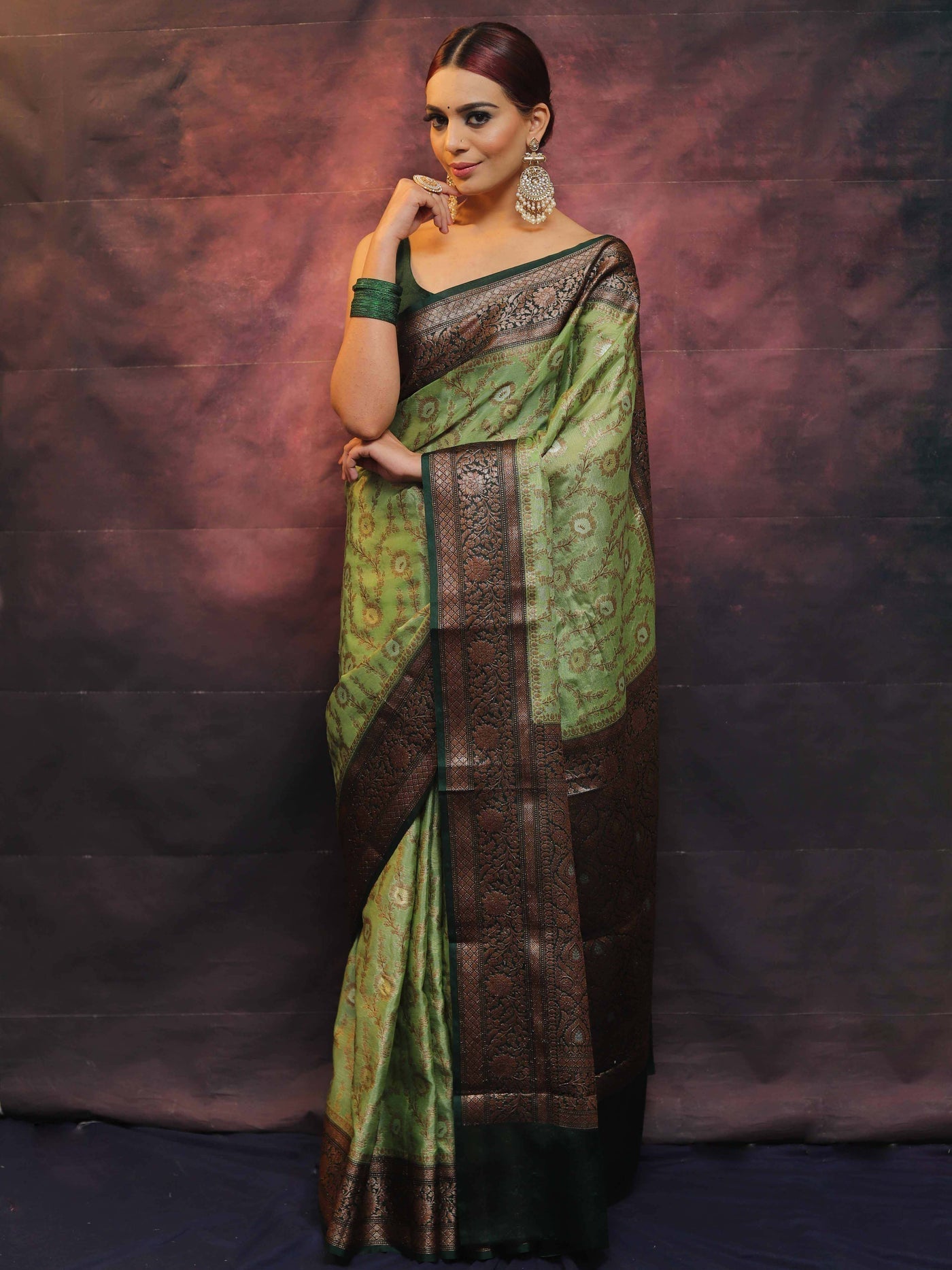 Green Pure Banarasi Silk Weaved With Copper Zari Comes With Heavy Banarasi Brocade Blouse - Almaari Fashion