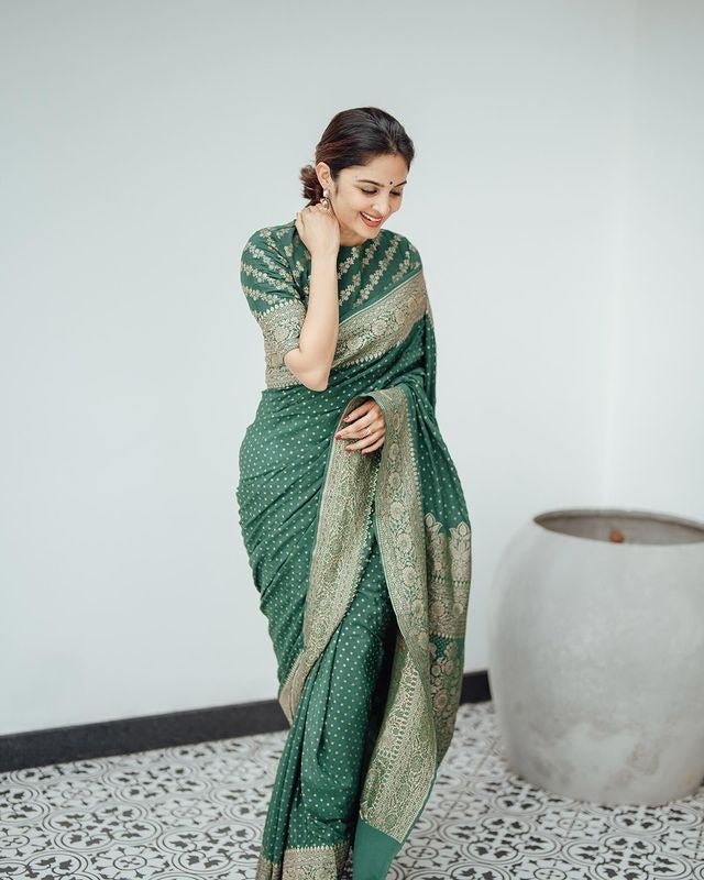 Green Pure Banarasi Silk Weaved With Copper Zari Comes With Heavy Banarasi Brocade Blouse - Almaari Fashion