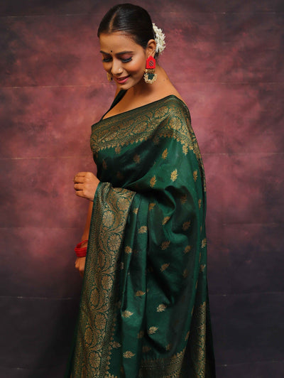 Green Pure Banarasi Silk Weaved With Copper Zari Comes With Heavy Banarasi Brocade Blouse - Almaari Fashion