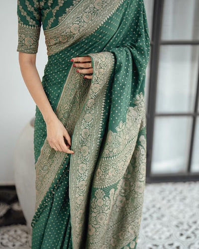 Green Pure Banarasi Silk Weaved With Copper Zari Comes With Heavy Banarasi Brocade Blouse - Almaari Fashion