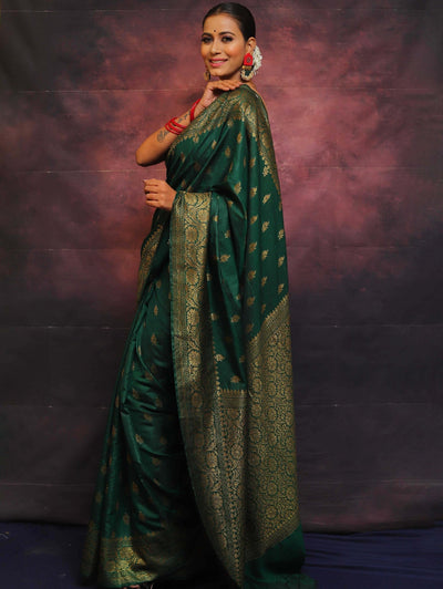 Green Pure Banarasi Silk Weaved With Copper Zari Comes With Heavy Banarasi Brocade Blouse - Almaari Fashion