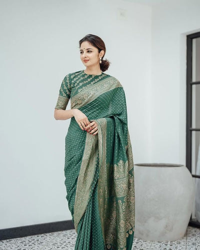 Green Pure Banarasi Silk Weaved With Copper Zari Comes With Heavy Banarasi Brocade Blouse - Almaari Fashion