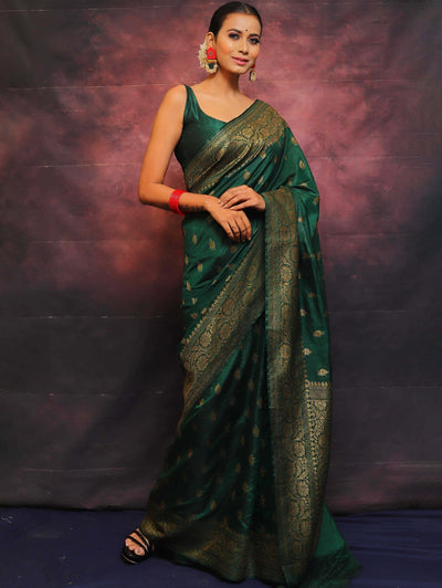 Green Pure Banarasi Silk Weaved With Copper Zari Comes With Heavy Banarasi Brocade Blouse - Almaari Fashion