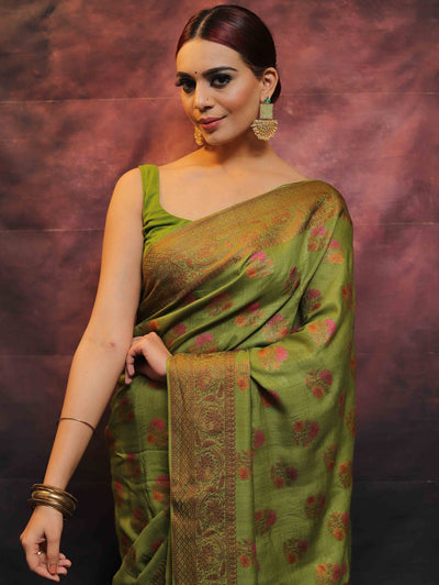 Green Pure Banarasi Silk Weaved With Copper Zari Comes With Heavy Banarasi Brocade Blouse - Almaari Fashion