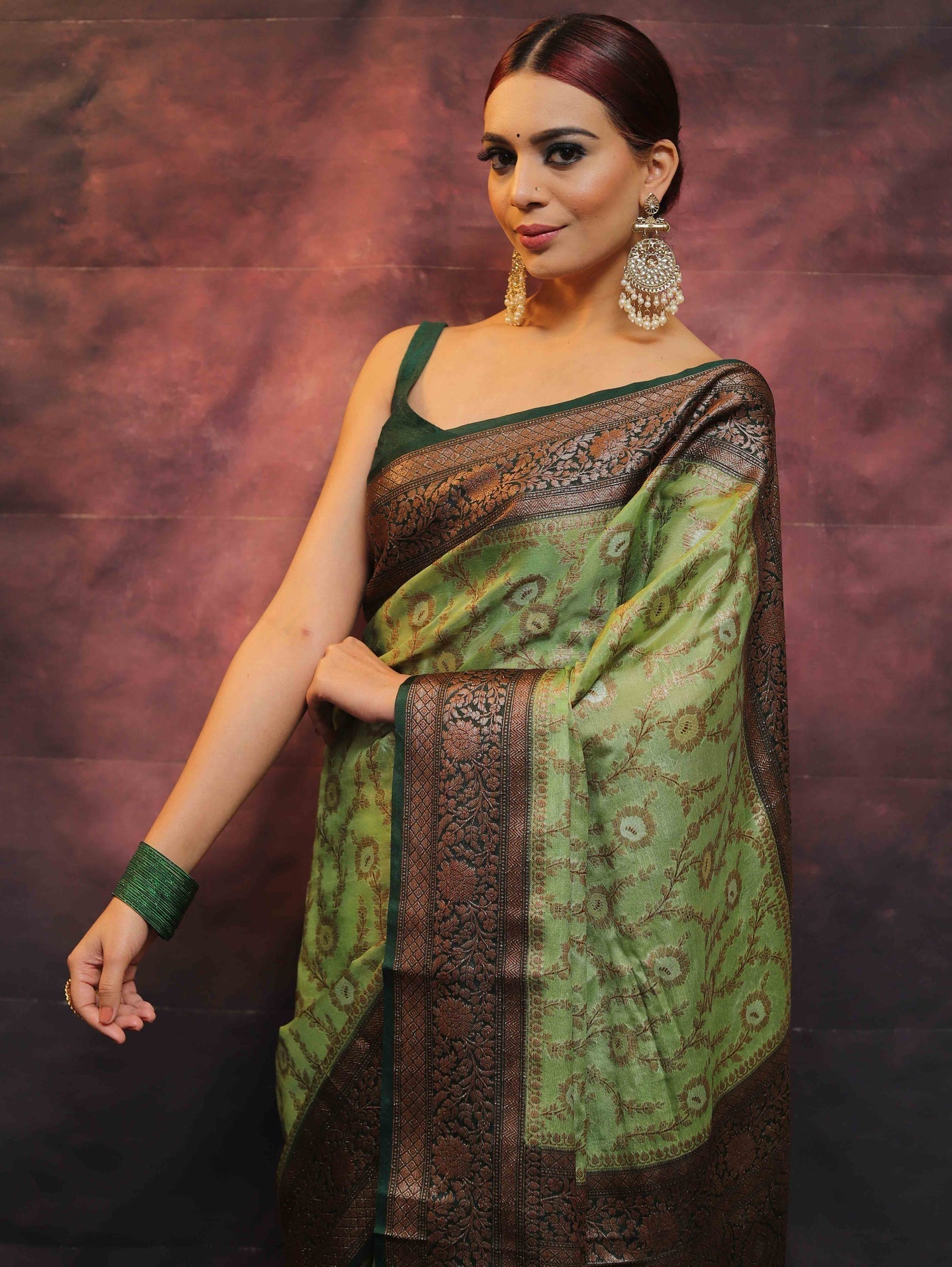 Green Pure Banarasi Silk Weaved With Copper Zari Comes With Heavy Banarasi Brocade Blouse - Almaari Fashion