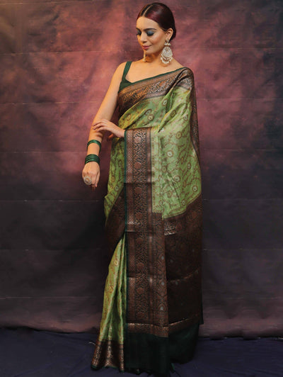 Green Pure Banarasi Silk Weaved With Copper Zari Comes With Heavy Banarasi Brocade Blouse - Almaari Fashion