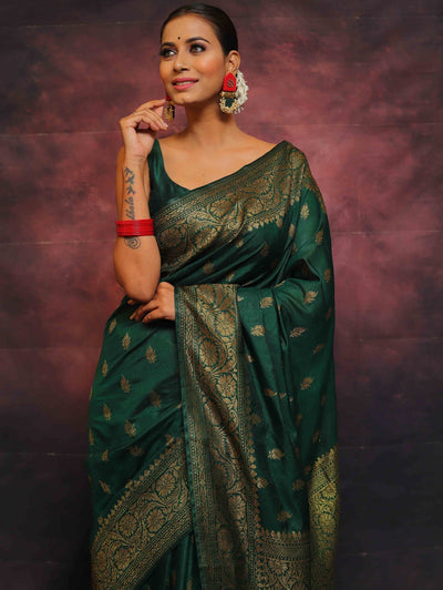 Green Pure Banarasi Silk Weaved With Copper Zari Comes With Heavy Banarasi Brocade Blouse - Almaari Fashion