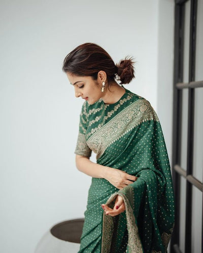 Green Pure Banarasi Silk Weaved With Copper Zari Comes With Heavy Banarasi Brocade Blouse - Almaari Fashion