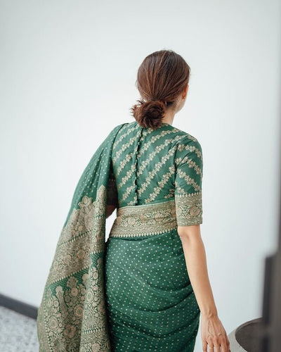 Green Pure Banarasi Silk Weaved With Copper Zari Comes With Heavy Banarasi Brocade Blouse - Almaari Fashion