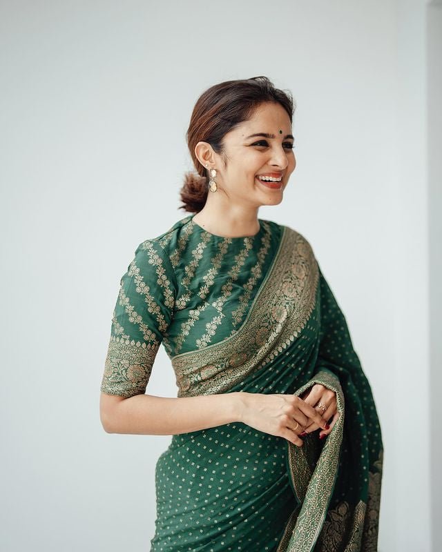 Green Pure Banarasi Silk Weaved With Copper Zari Comes With Heavy Banarasi Brocade Blouse - Almaari Fashion