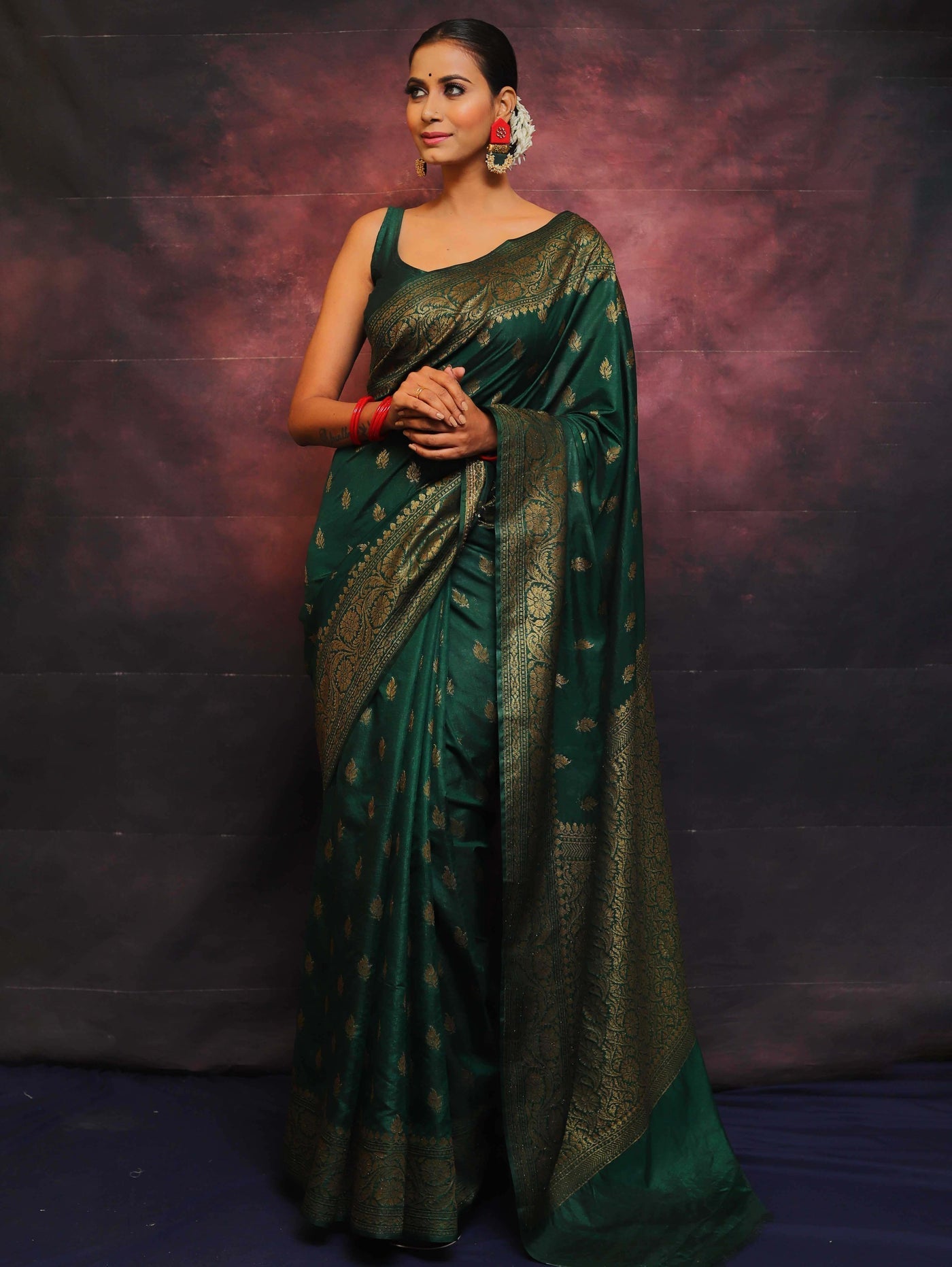 Green Pure Banarasi Silk Weaved With Copper Zari Comes With Heavy Banarasi Brocade Blouse - Almaari Fashion