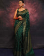 Green Pure Kanjivaram Silk Weaved With Copper Zari Comes With Heavy Kanjivaram Brocade Blouse