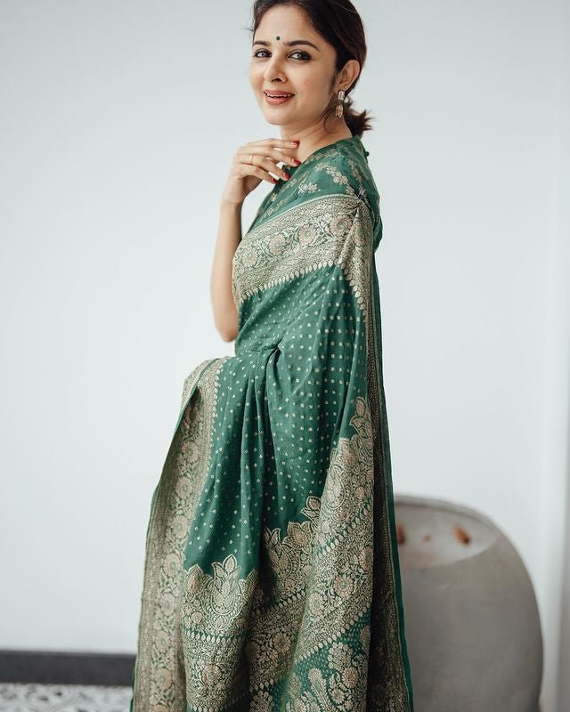 Green Pure Banarasi Silk Weaved With Copper Zari Comes With Heavy Banarasi Brocade Blouse - Almaari Fashion