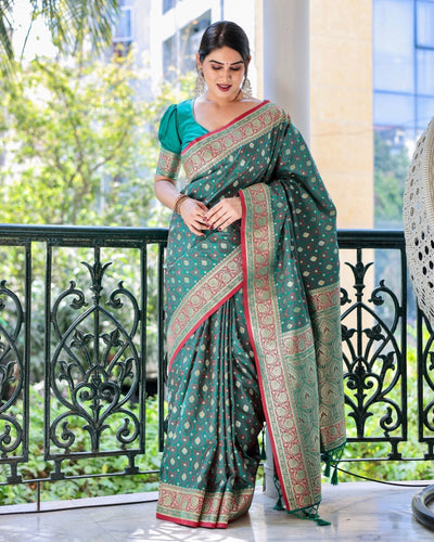 Green Pure Gaji Silk Saree Weaved With Zari Comes With Tassels - Almaari Fashion