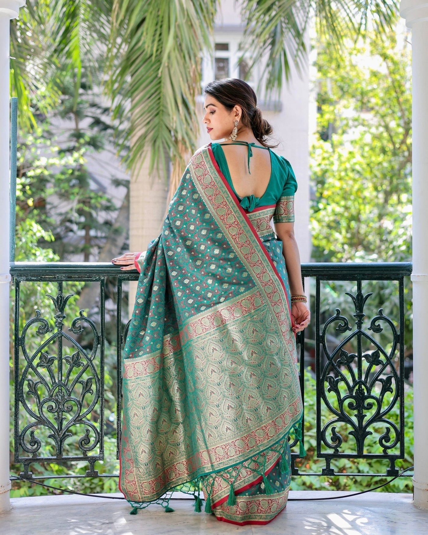 Green Pure Gaji Silk Saree Weaved With Zari Comes With Tassels - Almaari Fashion