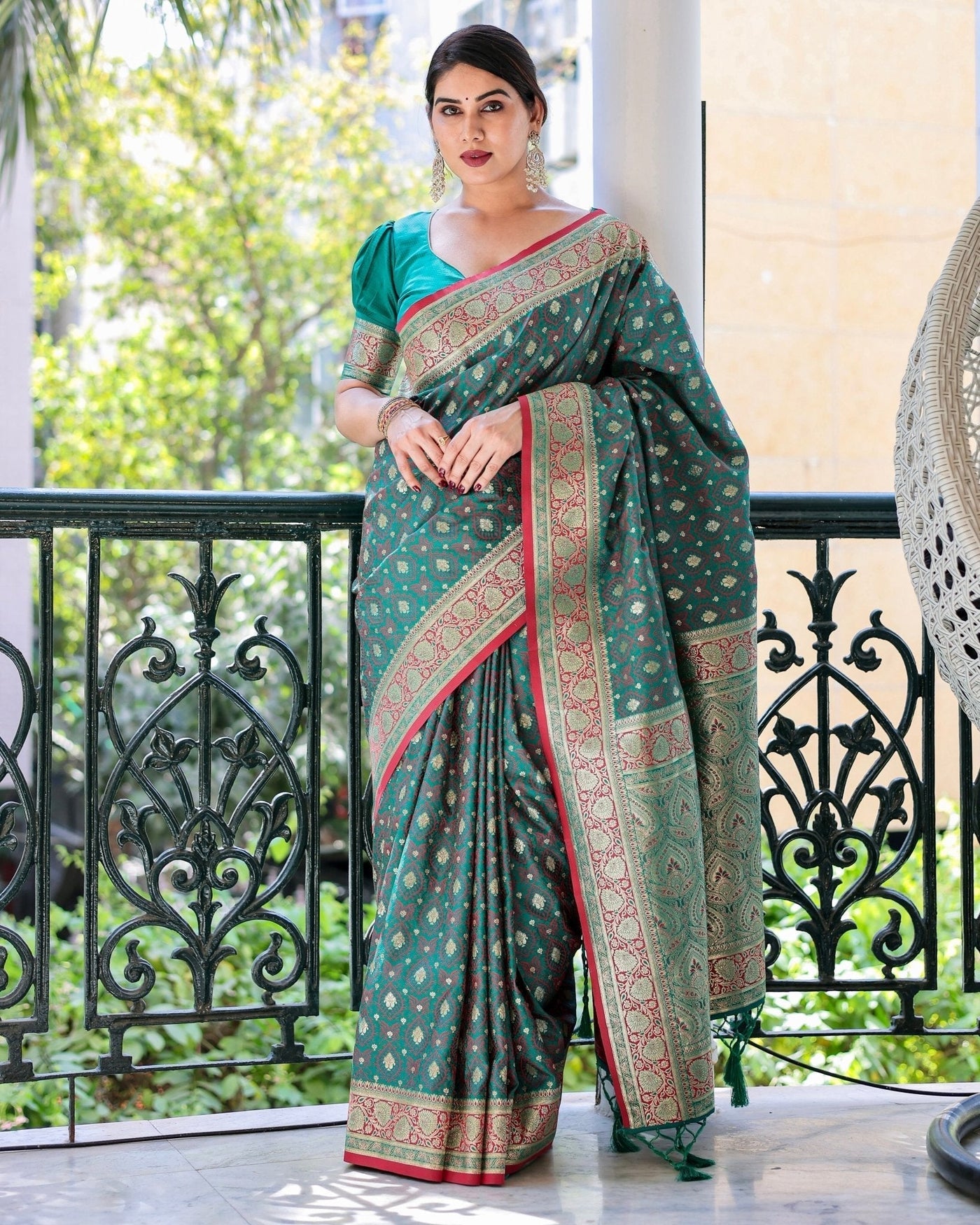 Green Pure Gaji Silk Saree Weaved With Zari Comes With Tassels - Almaari Fashion