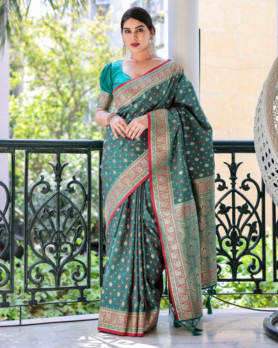 Green Pure Gaji Silk Saree Weaved With Zari Comes With Tassels - Almaari Fashion