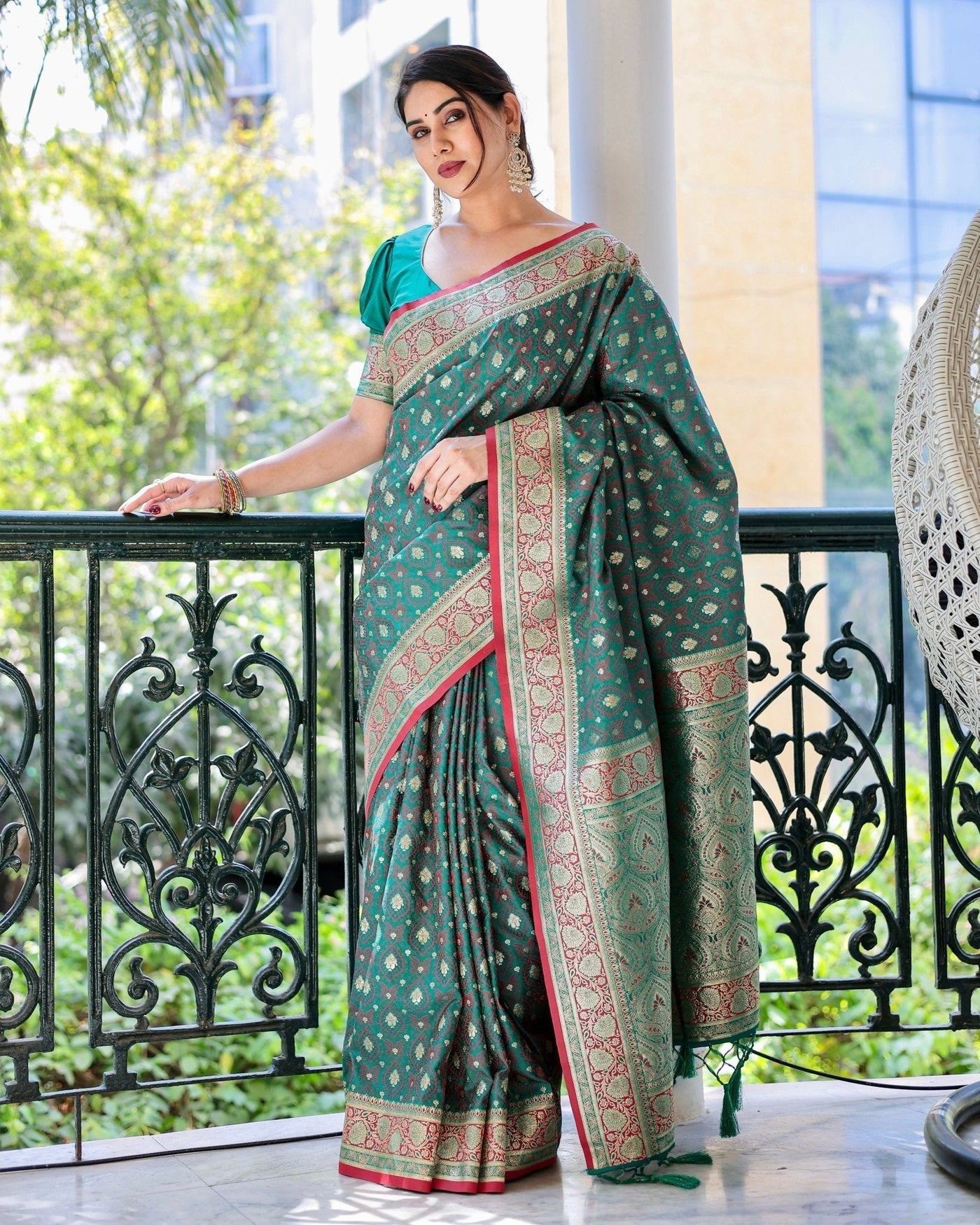 Green Pure Gaji Silk Saree Weaved With Zari Comes With Tassels - Almaari Fashion