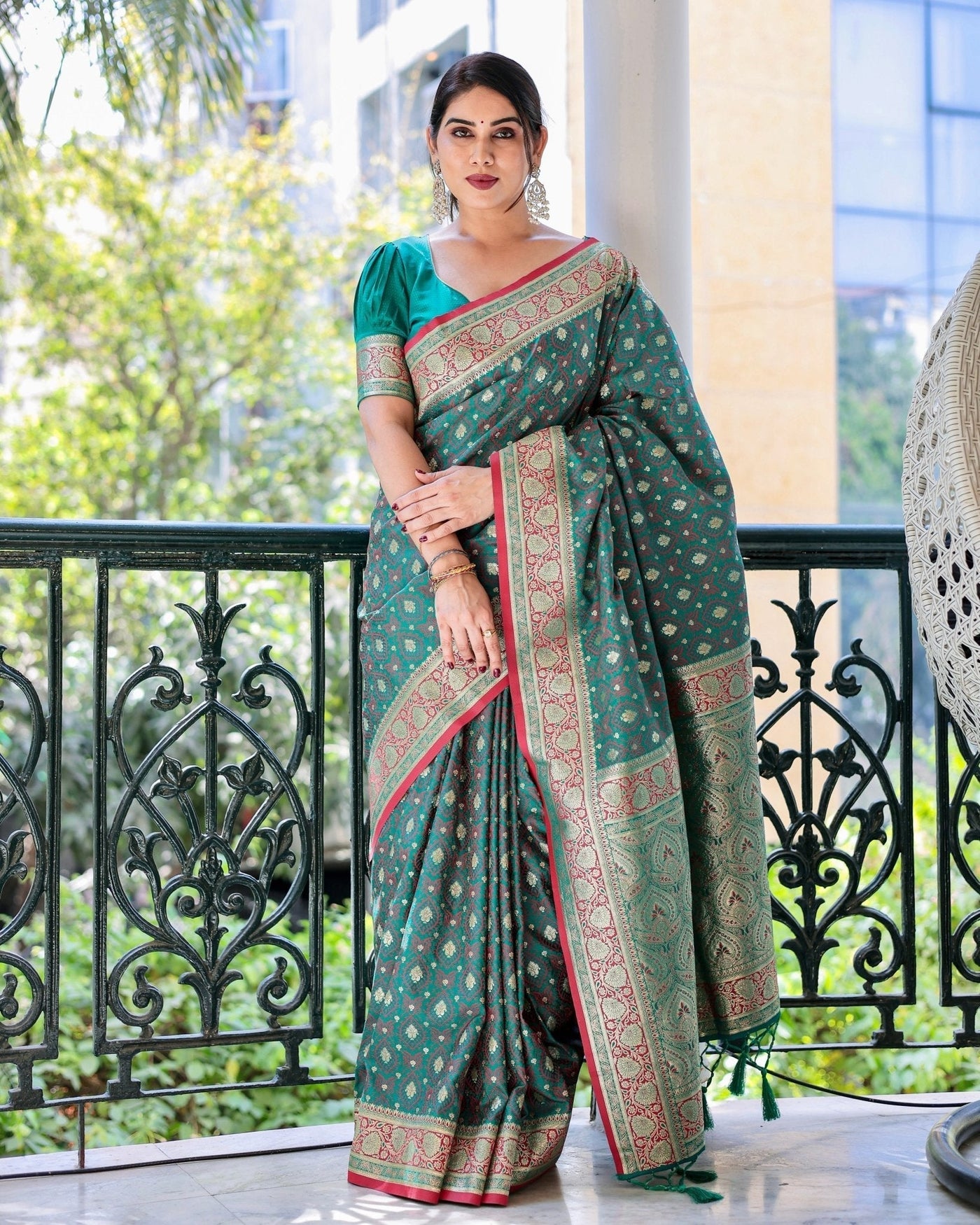 Green Pure Gaji Silk Saree Weaved With Zari Comes With Tassels - Almaari Fashion