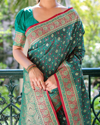 Green Pure Gaji Silk Saree Weaved With Zari Comes With Tassels - Almaari Fashion