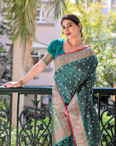 Green Pure Gaji Silk Saree Weaved With Zari Comes With Tassels - Almaari Fashion