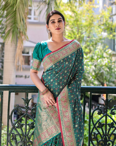 Green Pure Gaji Silk Saree Weaved With Zari Comes With Tassels - Almaari Fashion