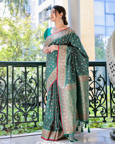 Green Pure Gaji Silk Saree Weaved With Zari Comes With Tassels - Almaari Fashion