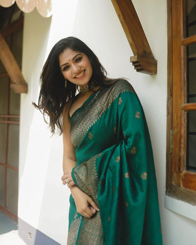 Green Pure Kanjivaram Silk Weaved With Copper Zari Comes With Heavy Kanjivaram Brocade Blouse - Almaari Fashion