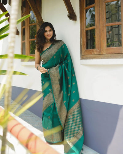 Green Pure Kanjivaram Silk Weaved With Copper Zari Comes With Heavy Kanjivaram Brocade Blouse - Almaari Fashion