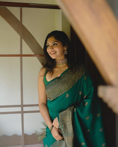 Green Pure Kanjivaram Silk Weaved With Copper Zari Comes With Heavy Kanjivaram Brocade Blouse - Almaari Fashion