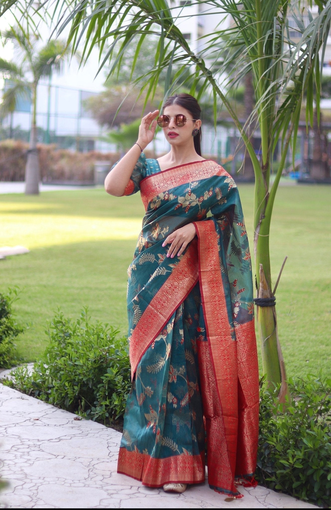 Green Pure Organza Silk Saree Stylish Blouse Piece - Almaari Fashion