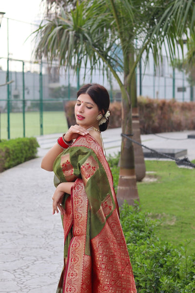 Green Pure Organza Silk Saree Stylish Blouse Piece - Almaari Fashion