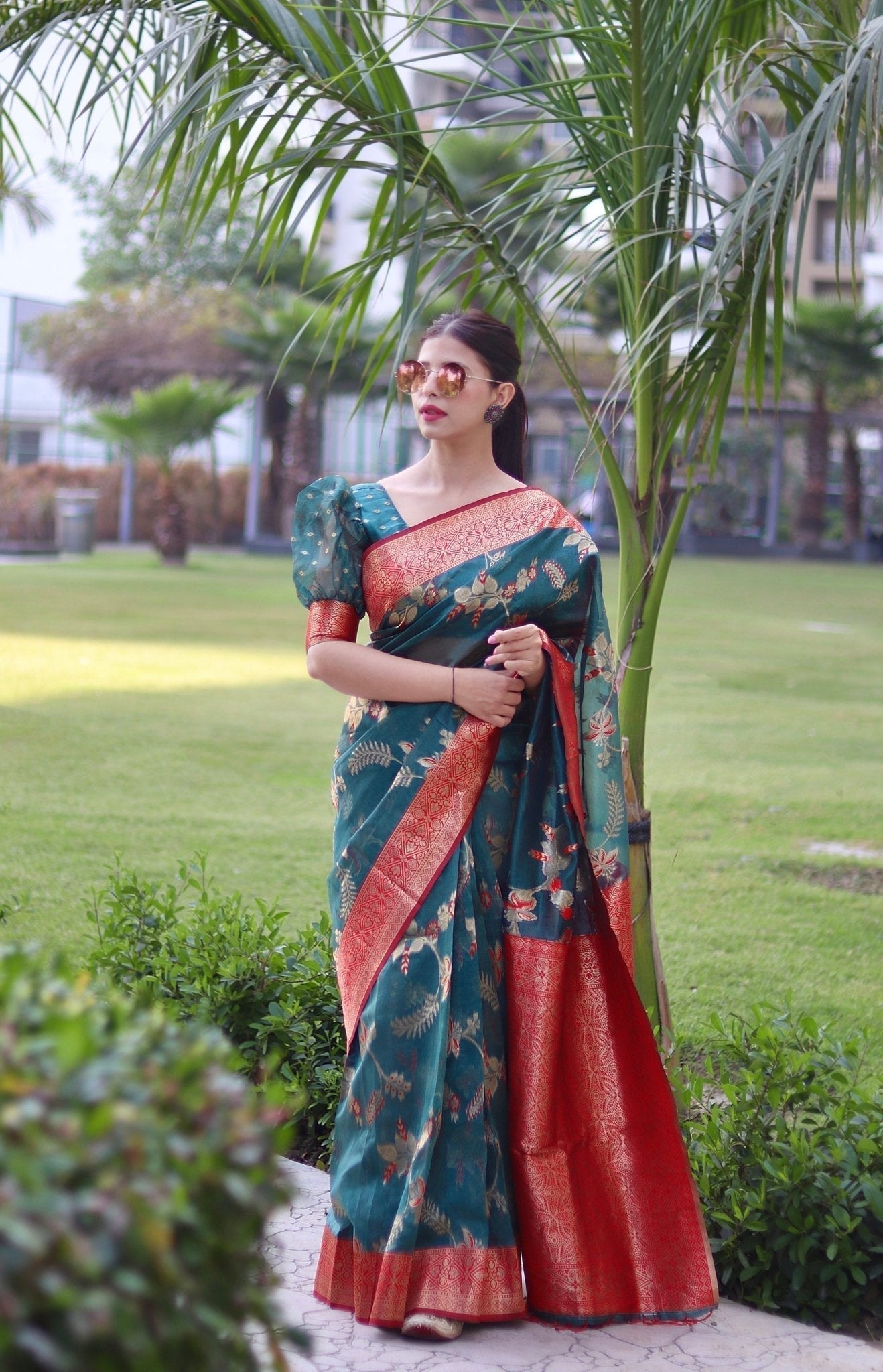 Green Pure Organza Silk Saree Stylish Blouse Piece - Almaari Fashion