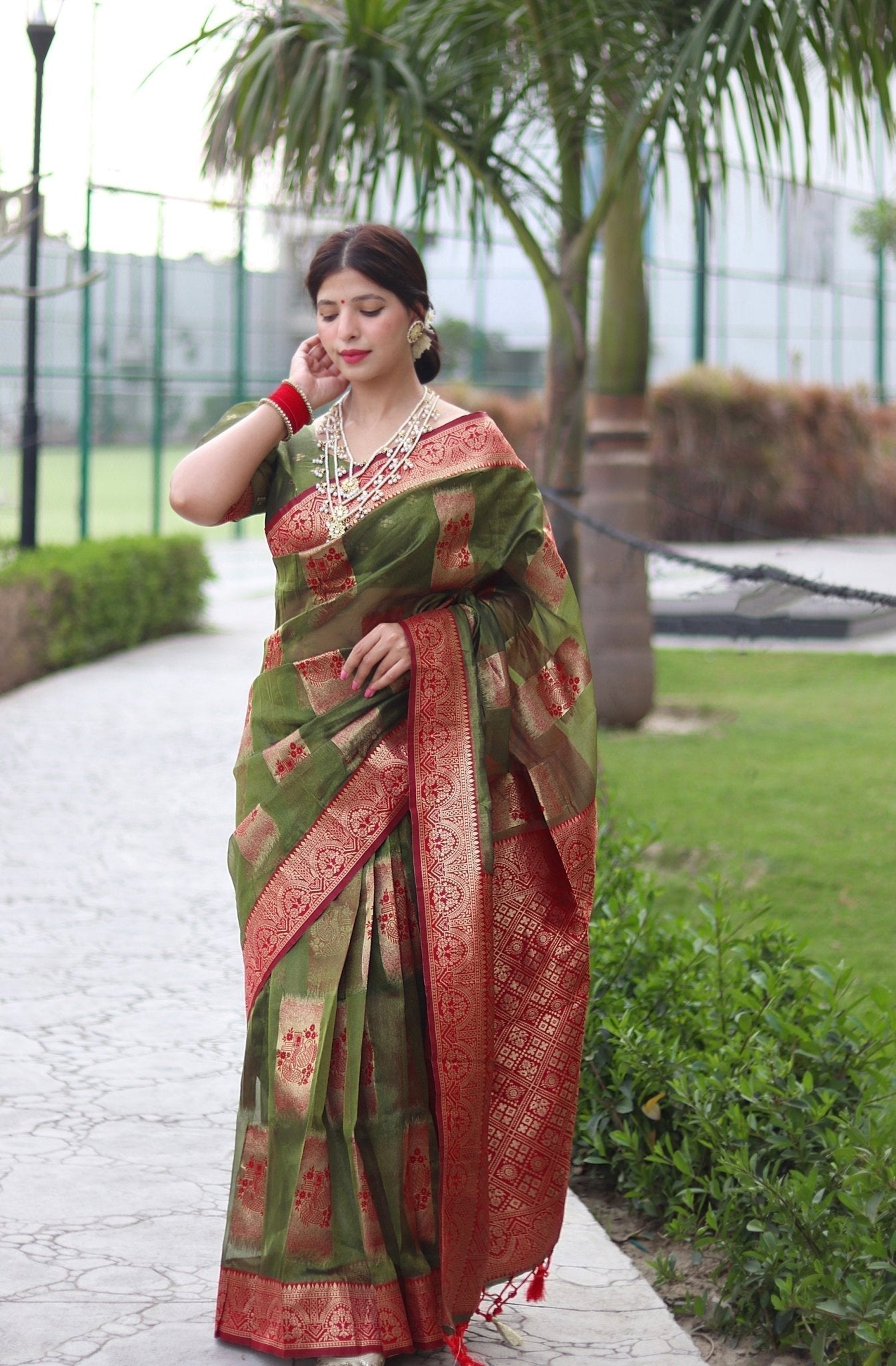 Green Pure Organza Silk Saree Stylish Blouse Piece - Almaari Fashion