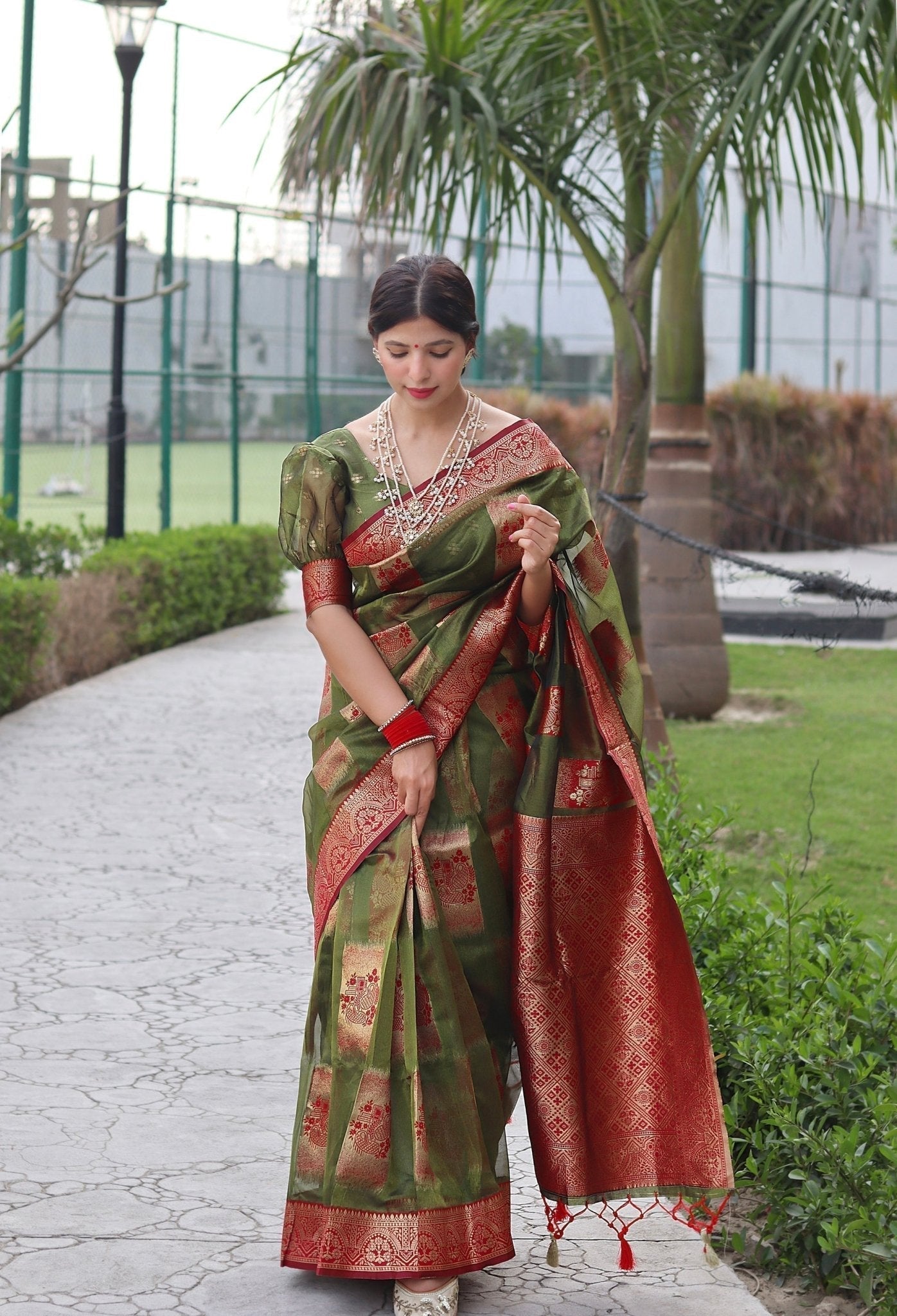 Green Pure Organza Silk Saree Stylish Blouse Piece - Almaari Fashion