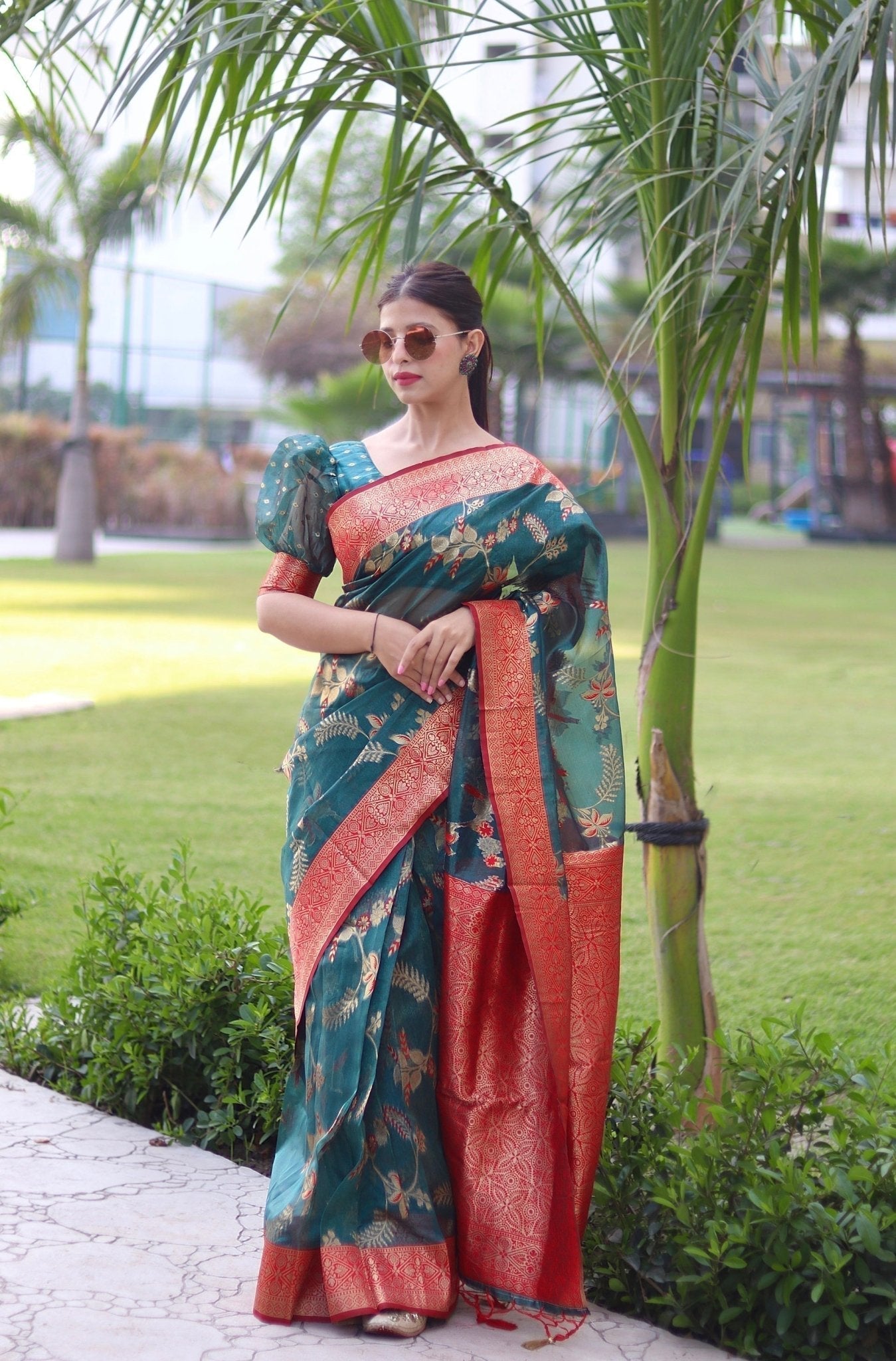 Green Pure Organza Silk Saree Stylish Blouse Piece - Almaari Fashion