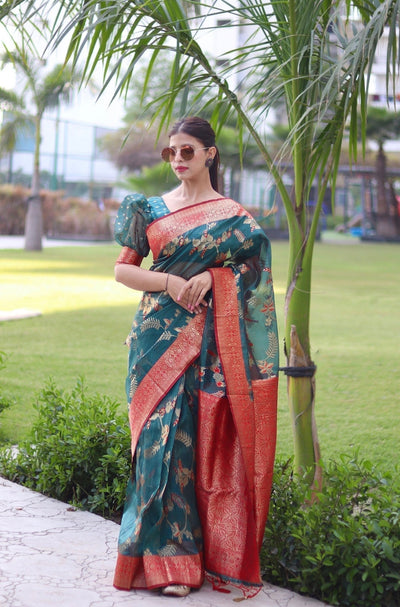 Green Pure Organza Silk Saree Stylish Blouse Piece - Almaari Fashion