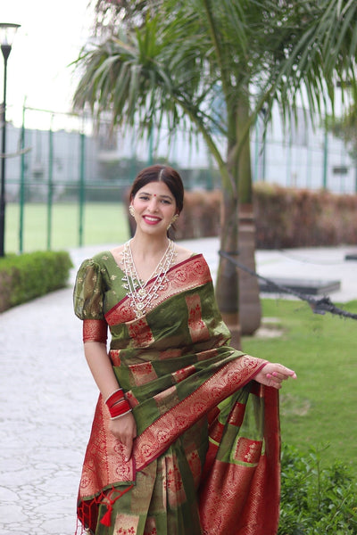 Green Pure Organza Silk Saree Stylish Blouse Piece - Almaari Fashion